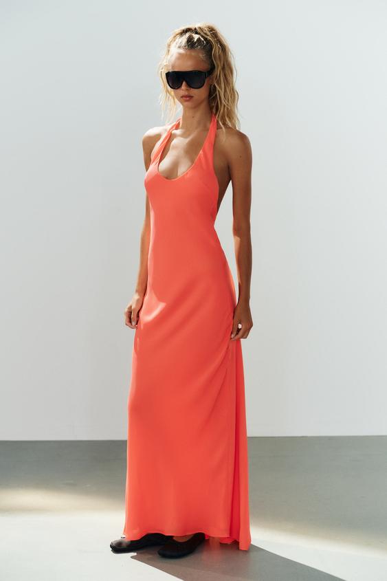 LONG HALTER DRESS - Neon orange by Zara - Image 0