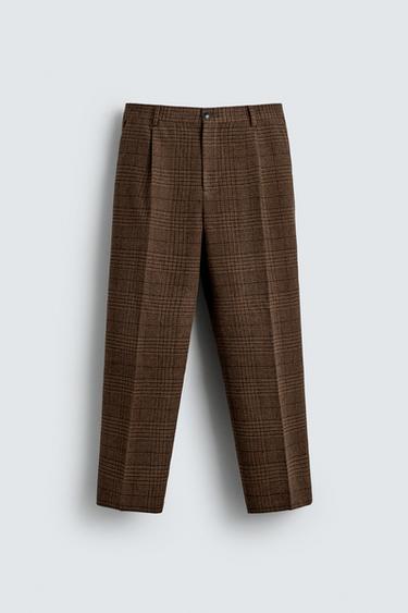 CHECK SUIT TROUSERS WITH PLEATS - Brown by Zara