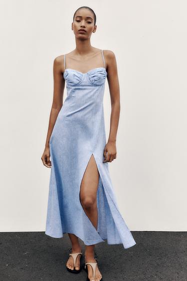 MIDI CORSETRY DRESS WITH LINEN BLEND - Blue by Zara