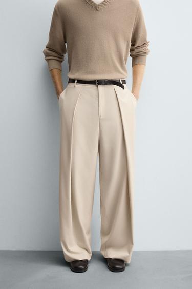 PLEATED WIDE-LEG TROUSERS - Beige by Zara