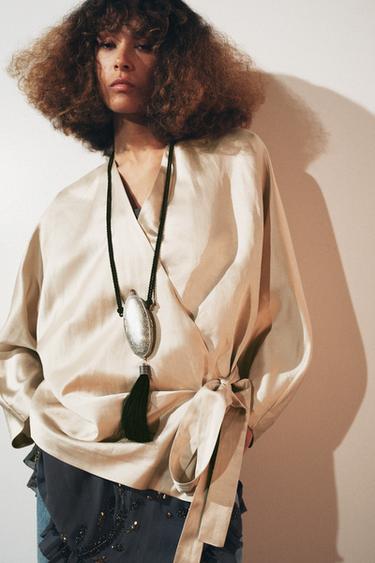 WRAP BLOUSE WITH BOW IN LINEN ZW COLLECTION - Beige by Zara