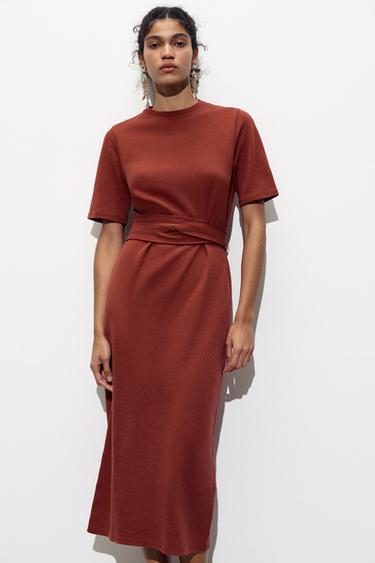 BELTED INTERLOCK DRESS - Dark red by Zara