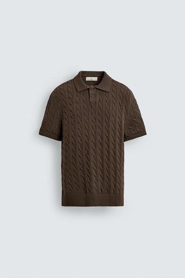 BRAIDED TEXTURED KNIT POLO SHIRT - Chocolate by Zara
