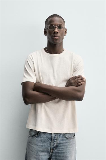 LINEN - COTTON T-SHIRT - Oyster-white by Zara