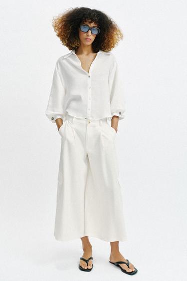LINEN BLEND PUFF SLEEVE SHIRT - White by Zara