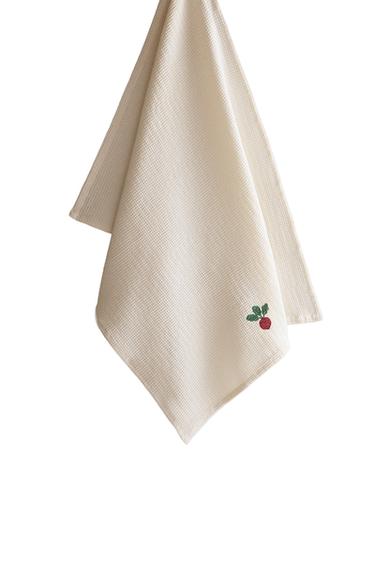 WAFFLE-KNIT TEA TOWEL - Ecru / Red by Zara