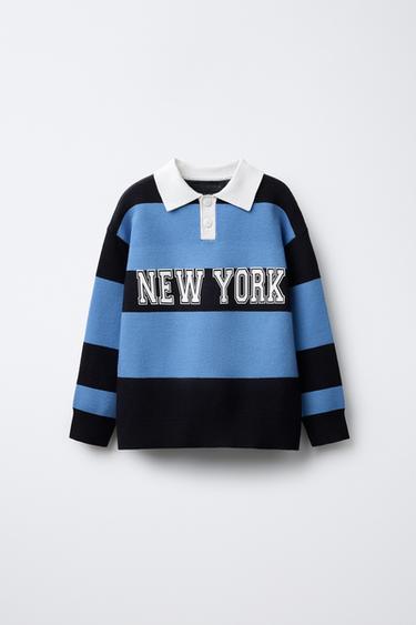 STRIPED VARSITY KNIT POLO SWEATER - Blue by Zara - Image 0