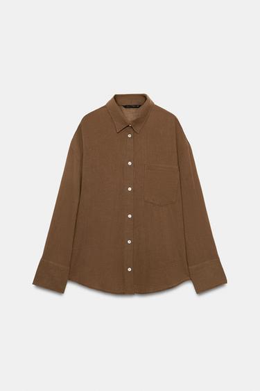OVERSIZE GAUZE SHIRT WITH POCKET - Brown by Zara