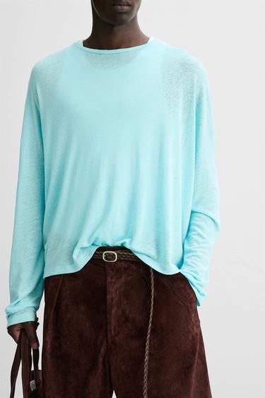 VISCOSE - LINEN T-SHIRT - Turquoise by Zara