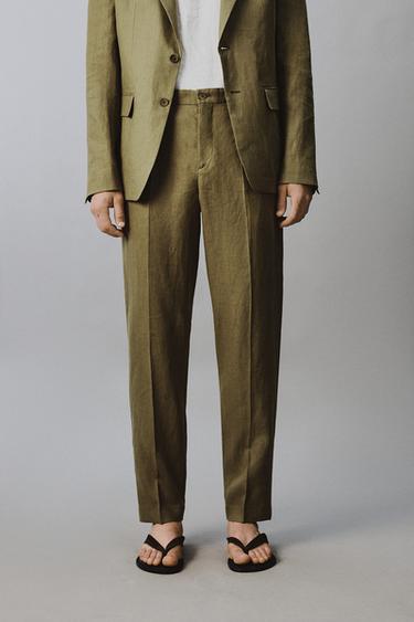 100% LINEN REGULAR FIT SUIT TROUSERS - Oil by Zara