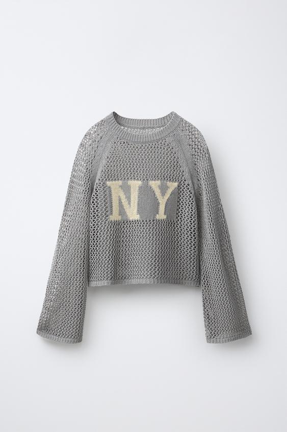 OPEN-KNIT SLOGAN JUMPER - Grey marl by Zara - Image 0