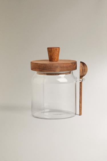 BOROSILICATE GLASS AND WOOD SUGAR BOWL - Light beige by Zara