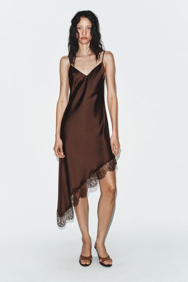 SATIN LACE DRESS - Dark mink by Zara