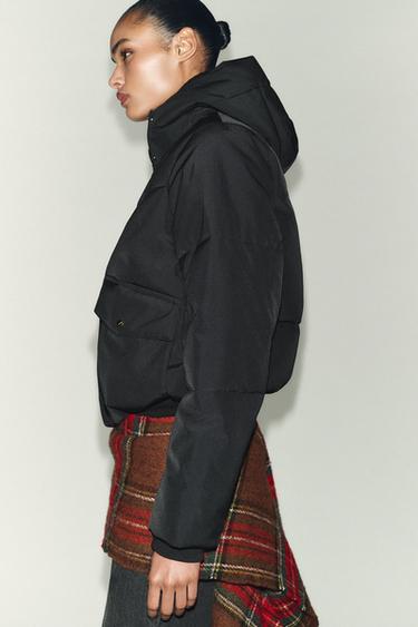 SHORT WATER-REPELLENT WINDPROOF HOODED ANORAK - Black by Zara