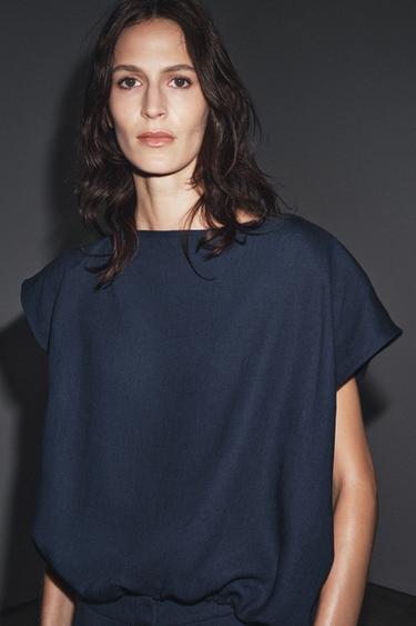 ZW COLLECTION LINEN TOP WITH TIES - Navy blue by Zara
