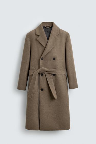 DOUBLE-BREASTED WOOL BLEND COAT WITH BELT - Mink by Zara