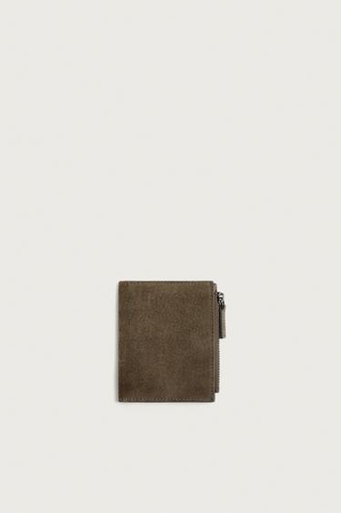 LEATHER WALLET WITH COIN POUCH - Khaki Green by Zara