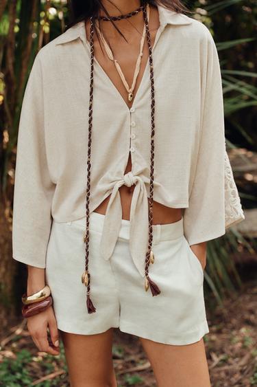 CROCHET TRIM KNOT SHIRT - Light beige by Zara