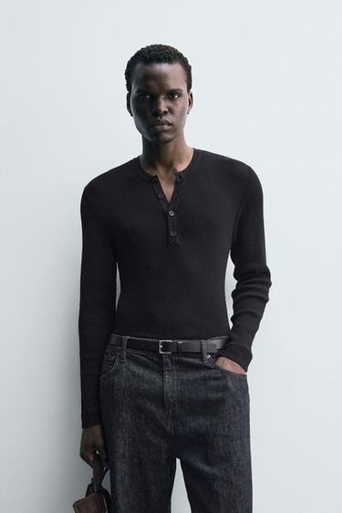 LIGHTWEIGHT HENLEY SWEATER - Black by Zara
