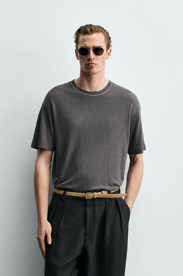LINEN - VISCOSE T-SHIRT - Dark grey by Zara