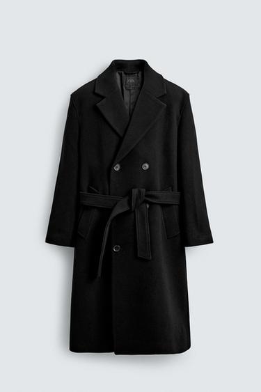 DOUBLE-BREASTED WOOL BLEND COAT WITH BELT - Black by Zara