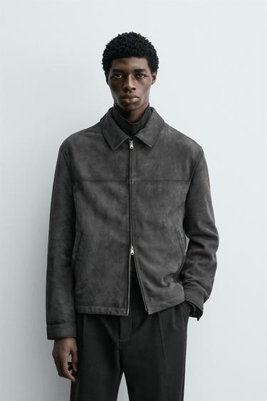 REGULAR FIT SUEDE LEATHER JACKET - Anthracite grey by Zara