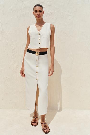 CREPE MIDI SKIRT WITH BELT - Ecru by Zara - Image 0