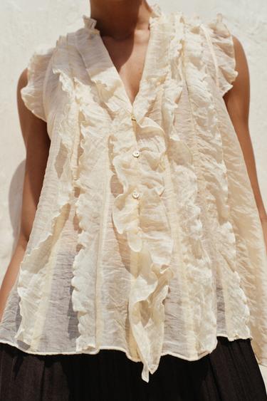 SEMI-SHEER RUFFLED TOP - Vanilla by Zara