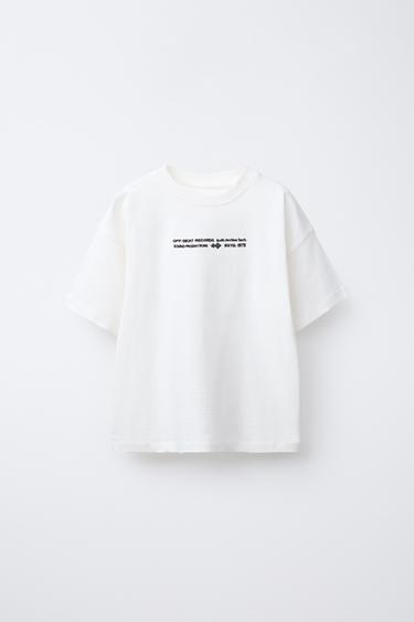 T-SHIRT WITH EMBROIDERED SLOGAN - Oyster-white by Zara - Image 0