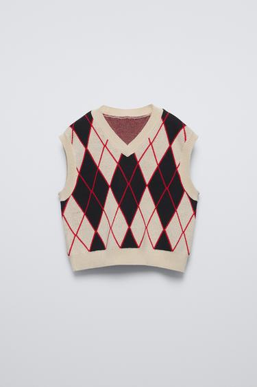 ARGYLE KNIT VEST - Ecru by Zara - Image 0