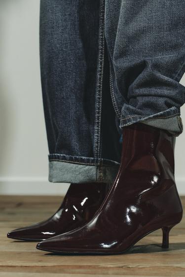 FAUX-PATENT KITTEN HEEL ANKLE BOOTS - Burgundy Red by Zara