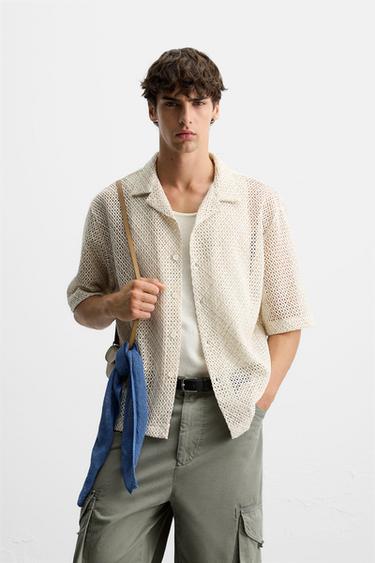 TEXTURED SHIRT WITH CUTWORK - Beige-pink by Zara