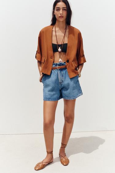 Z1975 DENIM PAPERBAG BERMUDA SHORTS WITH BELT - Mid-blue by Zara