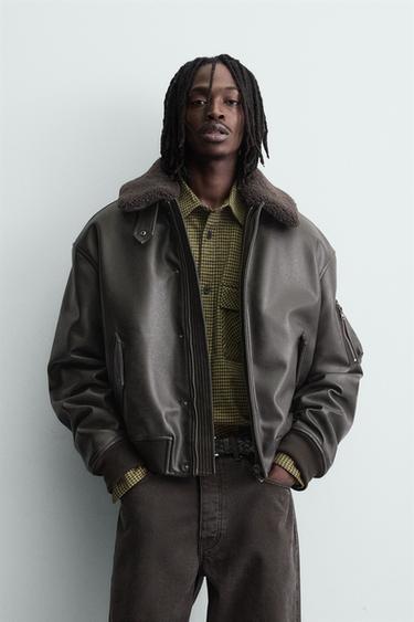 LEATHER EFFECT JACKET WITH DETACHABLE COLLAR - Brown by Zara