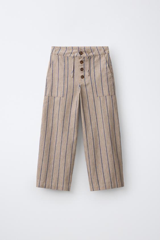 STRIPED LINEN BLEND BALLOON TROUSERS - Ecru / Blue by Zara - Image 0