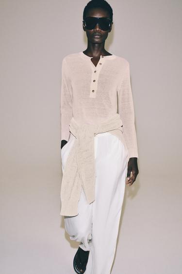 KNIT HENLEY JUMPER - Chalk pink by Zara