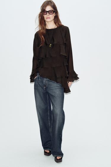 ASYMMETRIC RUFFLED TOP - Brown by Zara