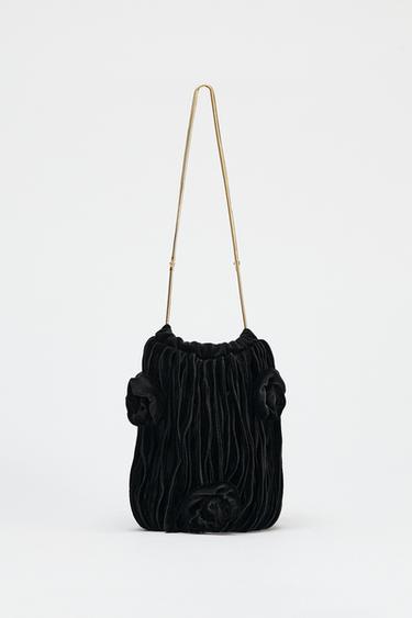VELVET-EFFECT BUCKET BAG WITH FLORAL DETAIL - Black by Zara