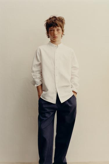 LINEN AND COTTON STAND COLLAR SHIRT - White by Zara