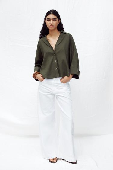 WIDE-SLEEVE LINEN BLEND SHIRT - Dark khaki by Zara