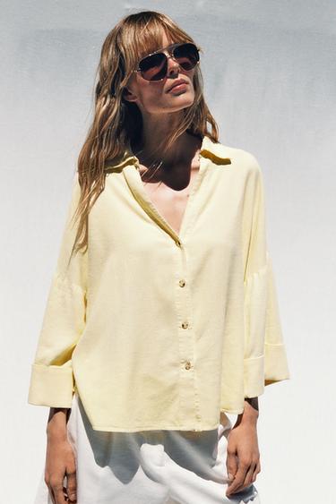 LINEN BLEND WIDE SLEEVE SHIRT - Yellow by Zara