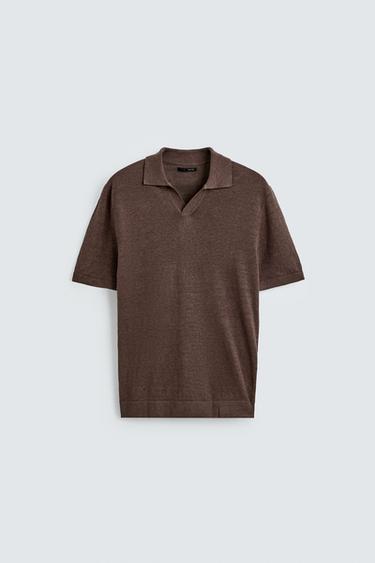 100% LINEN KNIT REGULAR FIT POLO SHIRT - Brown by Zara