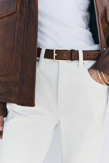 LEATHER BELT WITH SQUARE BUCKLE - Brown by Zara - Image 0