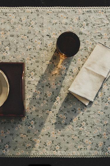 WILDFLOWER TABLE RUNNER WITH LACE TRIM - Bluish by Zara