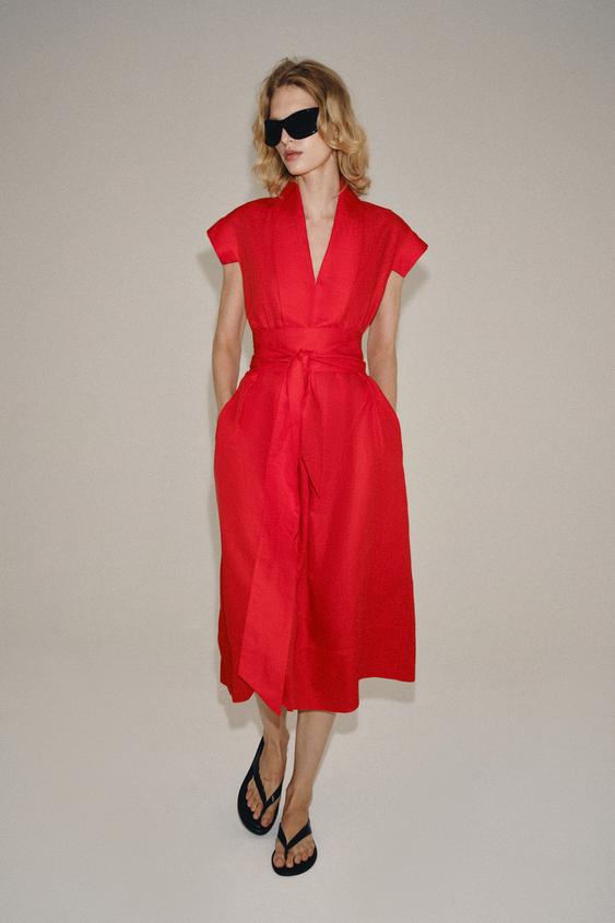 ZW COLLECTION LINEN BLEND MIDI DRESS - Red by Zara - Image 0