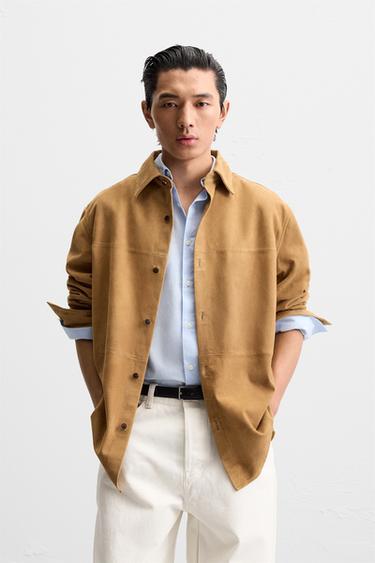 REGULAR FIT SUEDE LEATHER SHIRT - Brown by Zara