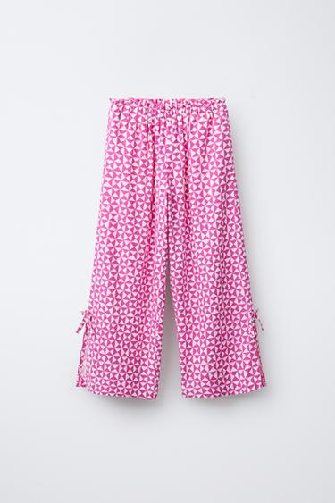 PRINTED STRAIGHT-LEG LINEN BLEND TROUSERS - Pink / White by Zara - Image 0