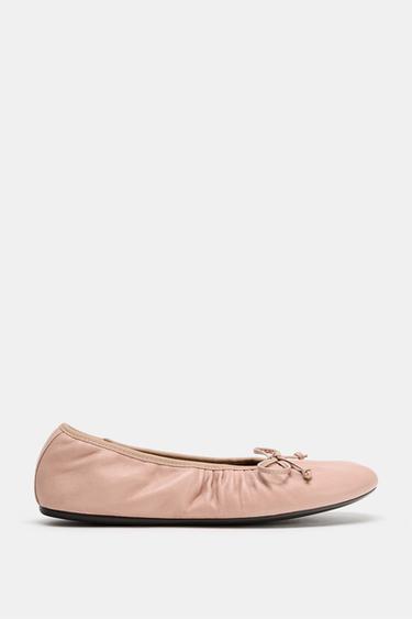 GATHERED LEATHER BALLET FLATS - Pink by Zara