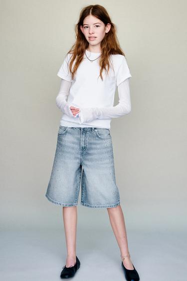 LONG DENIM BERMUDA SHORTS WITH RHINESTONES - Blue by Zara