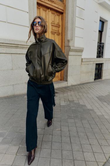 FAUX LEATHER BOMBER JACKET WITH HIGH COLLAR - Khaki by Zara